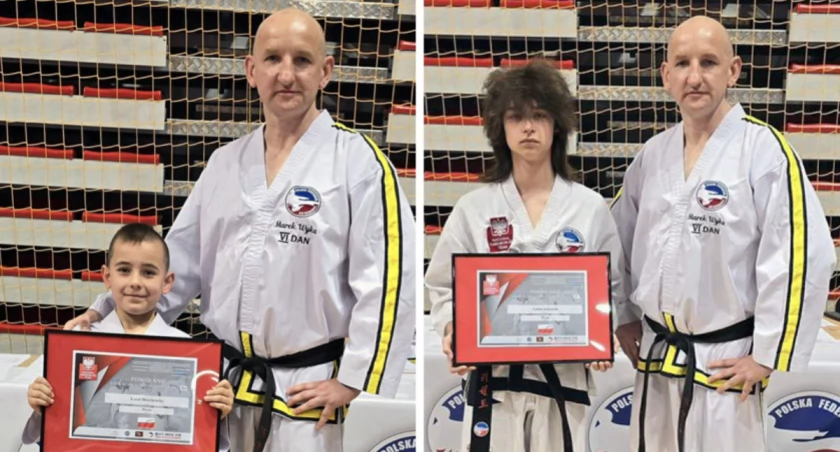 Trener Marek Wyka z Karolem Marchewką (z lewej) i Adamem Jaseniukiem