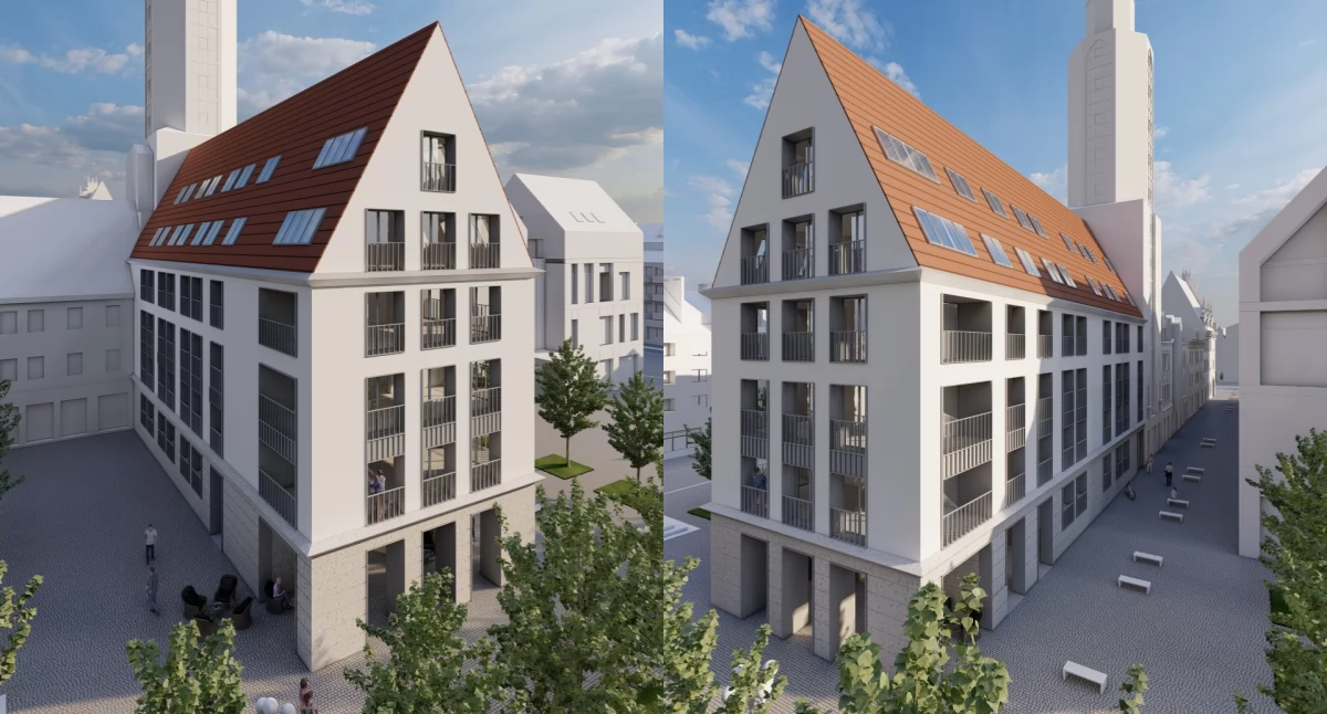 Bryła budynku nawiązuje do przedwojennego ratusza i stworzy całość z wcześniej odbudowaną wieżą i przyległymi nowoczesnymi kamienicami